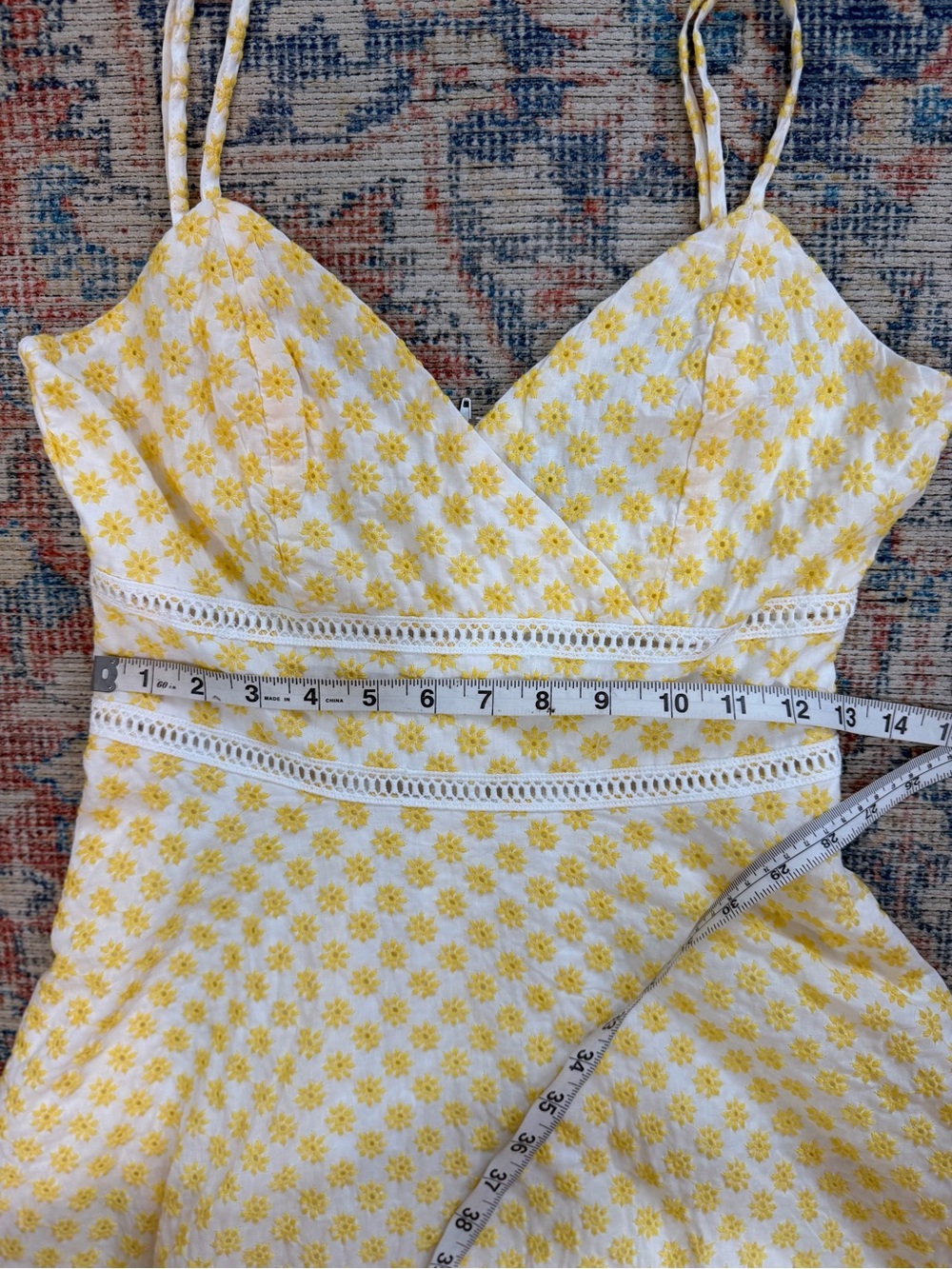 White Yellow Floral Eyelet Sundress 100%Cotton Flare Sorority Rush Cottagecore 5 - Picture 8 of 10